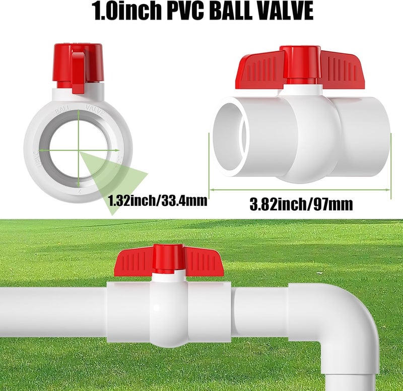 EPHECH 10PCS 1" PVC Ball Valve, SCH40 Slip PVC Water Pipe Valve with Easy Turn Red T-Handle, Shut-Off Ball Valve Socket for Swimming Pool, Sprinkler Lines, Outdoor Plumbing & Irrigation System - Image 2